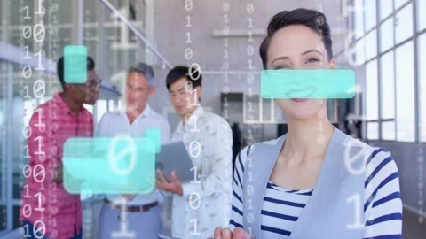 Woman tapping tablet, activating binary teal UI linking team behind reviewing Stock Footage 333192932