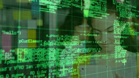 Woman tapping tablet and activating green code grid overlay, displaying software Stock Footage 331270119
