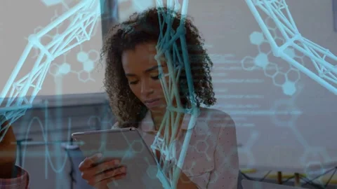 Woman tapping tablet and causing sheer blue holo mesh and code shifting while Stock Footage 333145415