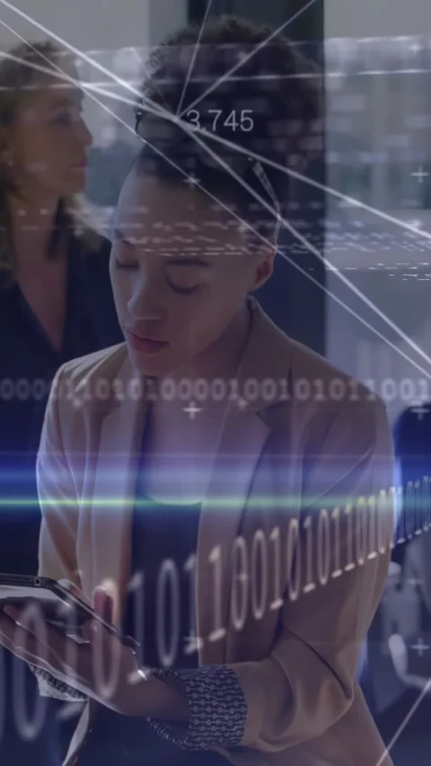 Woman tapping tablet and navigating data analytics, HUD overlaying device while 動画素材 332506882