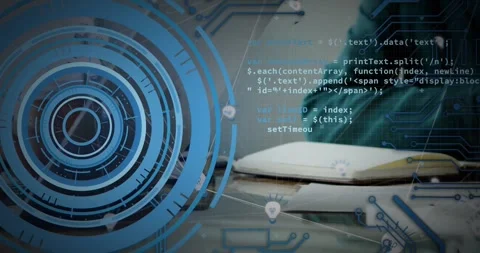 Woman tapping tablet and referencing notebook, HUD rings and code overlays Stock Footage 332290367
