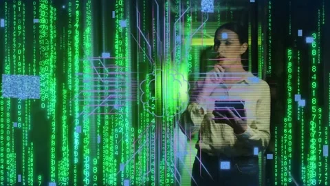 Woman tapping tablet and summoning holograms, gesturing through green code, Stock Footage 334351848