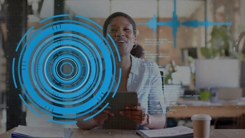 Woman tapping tablet in cafe, causing blue HUD and waveform, viewing tech demo Stock Footage 333803406