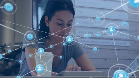 Woman tapping tablet in cafe tiny UI dot appearing expanding into tech network Stock Footage 334182716