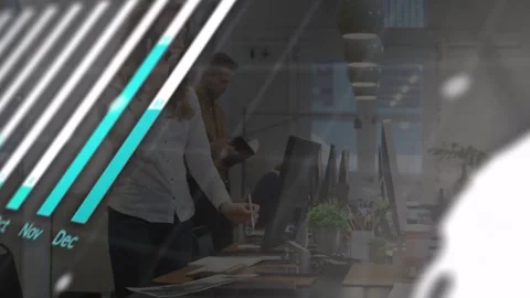 Woman tapping tablet at desk, activating business charts and globe aligning Stock Footage 333317868
