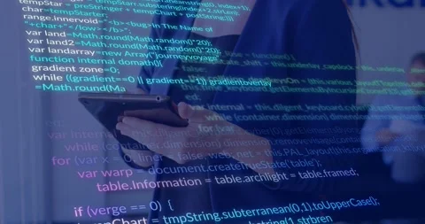 Woman tapping tablet initiating code overlay over hands as colleague with papers Stock Footage 331789310