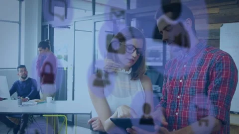 Woman tapping tablet, man pointing, initiating app review and testing, purple Stock Footage 333255903