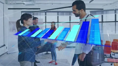 Woman tapping tablet reaching shaking hands 3D blue chart rising between them Stock Footage 335761960