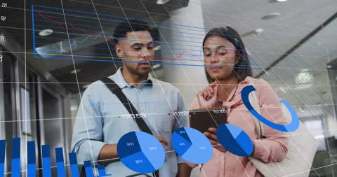 Woman tapping tablet screen and man pointing at holographic charts driving Stock Footage 312229252