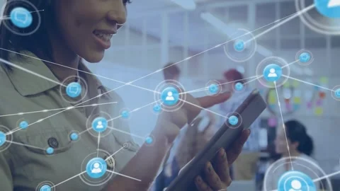 Woman tapping tablet screen and generating technology network user icons Stock Footage 330591330