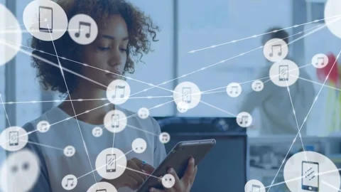 Woman tapping tablet, single node appearing then spreading into network, Stock Footage 333967184