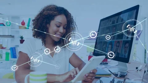 Woman tapping tablet, starting node then spokes then icons spreading across desk Video stock 332613719