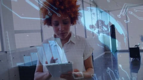 Woman tapping tablet in tech, making holo globe and circuit UI shifting over Stock Footage 333904026