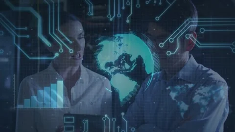 Woman tapping tablet while man listening, tech globe rotating as bar chart Stock Footage 333949703