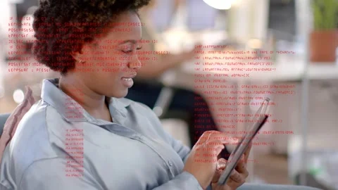 Woman tapping tablet in work lounge, scrolling, causing red overlay shifting, Stock Footage 333949719