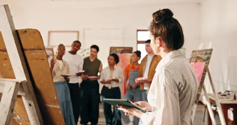 Woman, teacher and question in class for painting, guidance and demonstration Stock Footage 346302353