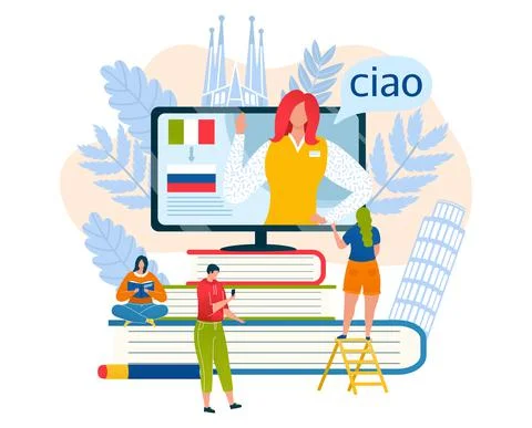 Woman teacher foreign language, tiny character learn online internet russian Stock Illustration
