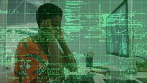 Woman tech developer taking call, typing and debugging code with green grid Stock Footage 334036609