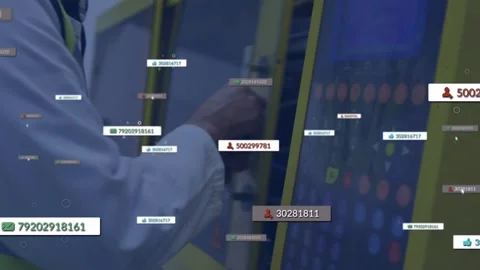 Woman tech pressing screen opening yellow panel, floating data IDs marking parts Stock Footage 333019169
