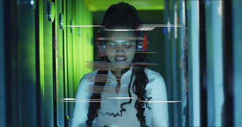 Woman tech tapping rack control in server row, monitoring HUD overlay glitching Stock Footage 332316499