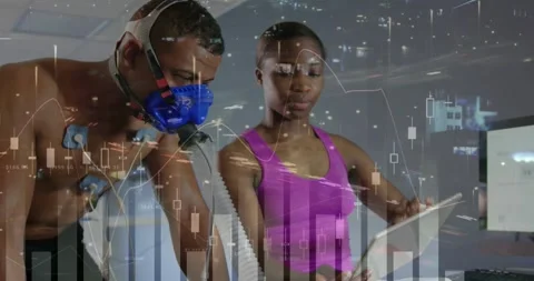 Woman tech tapping tablet showing charts for exercise test, male breathing into Stock Footage 330380334