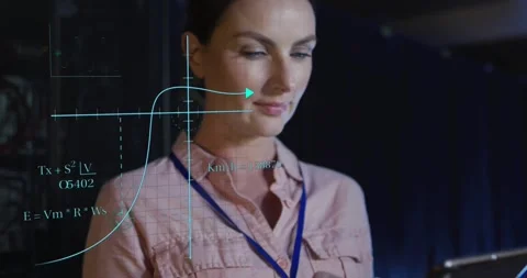 Woman tech using tablet and swiping initiating overlay with axes aligning chest Vídeos de archivo 331197808