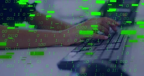 Woman tech worker typing at desk, keystrokes causing green binary overlay Stock Footage 329115673