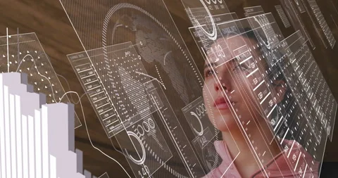 Woman in technology lab tracking hovering data panels absorbing holographic Stock Footage 315568434