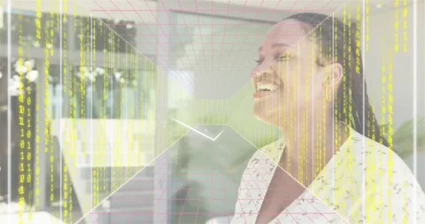 Woman on terrace reacting to tech code and grid overlay emerging as arrow Stock Footage 318739925