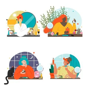 Woman testing cosmetics isolated vector scene set Illustrazione stock