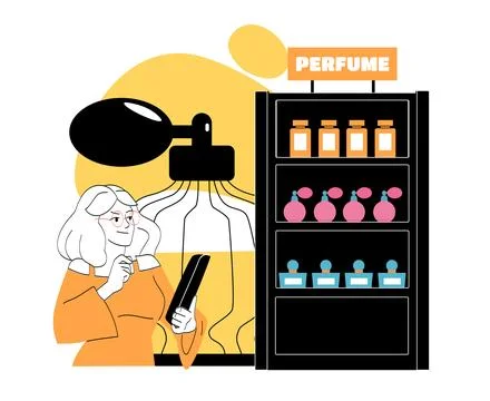 Woman testing perfume in store. Vector illustration Illustrazione stock