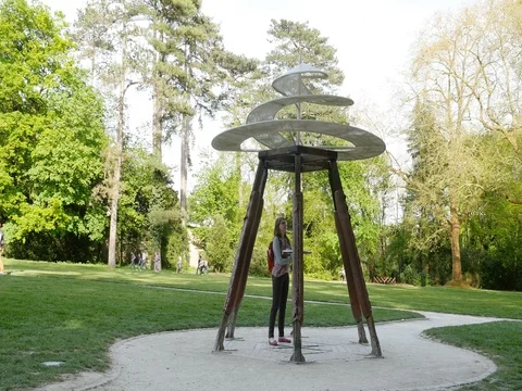 Woman testing prototype of Leonardo Da Vinci helicopter Stock Footage 75551142