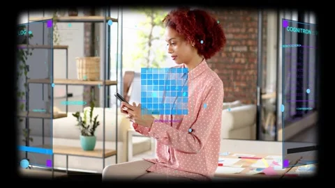 Woman testing tech app by tapping phone, AR panels shifting and central grid Stock Footage 333949607