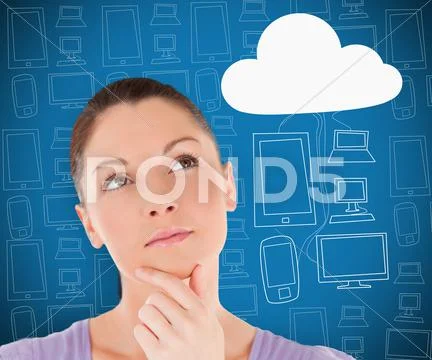 Woman thinking about cloud computing Stock Photos