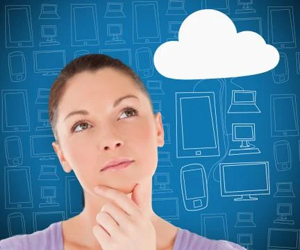Woman thinking about cloud computing Stock Photos