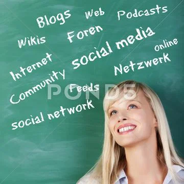 Woman thinking about social media Stock Photos