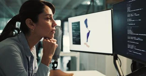 Woman, thinking and developer with design for prosthetic leg, programming o.. Stock-Fotos