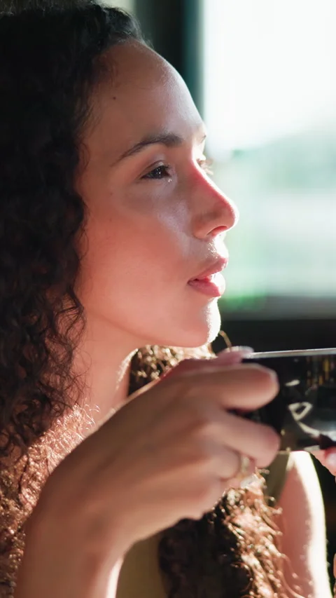 Woman, thinking and drinking coffee in cafe with smile, planning future and Stock Footage 342255948