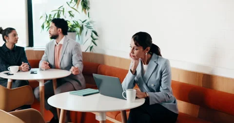 Woman, thinking and remote work in cafe with laptop, brand awareness campaign or Stock Footage 335871884