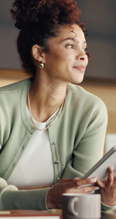 Woman, thinking and remote work in home with tablet, research and inspiration Stock Footage 336847241