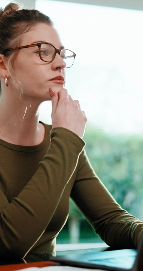 Woman, thinking and remote work in home office with laptop, inspiration or plan Stock Footage 341432024
