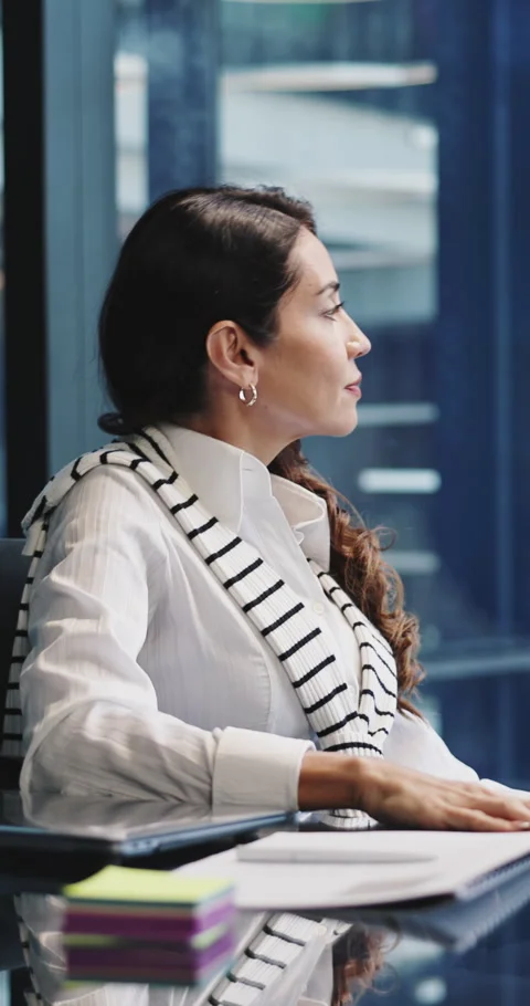 Woman, thinking and window on break at office with smile, documents or Stock Footage 332983243