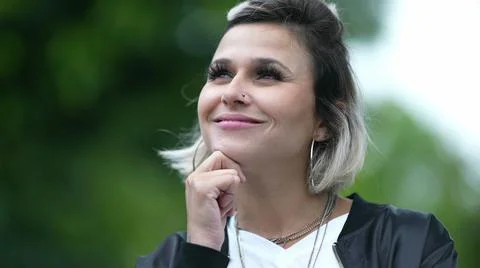 Woman thinking deeply about solution, person wondering remembering problem Stock Photos