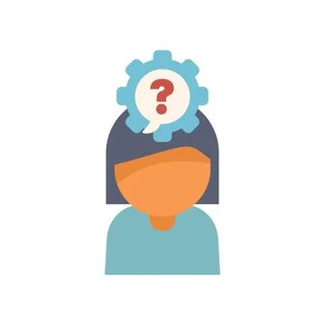 Woman thinking with question mark inside gear wheel icon Stockillustratie