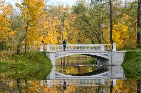 Woman on Third Lamsky Bridge in Alexander park. Pushkin. Tsarskoye Selo. Russia Stock Photos