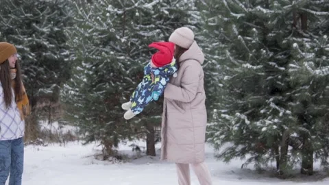 A woman throws a little kid up while walking through the park in winter Stock Footage 146212109