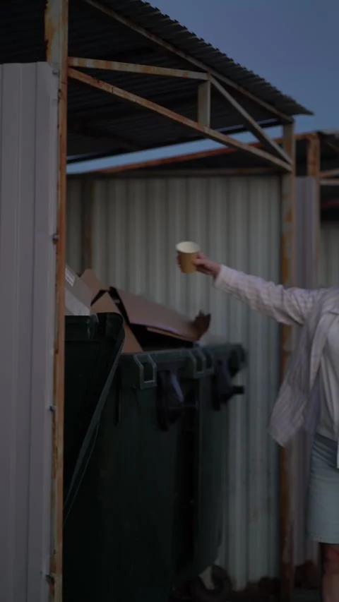 Woman throws paper cup into large green dumpster Stock Footage 341895083
