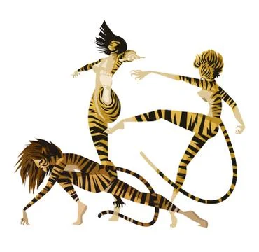 Woman tigers huntress jumping  dance Stock Illustration