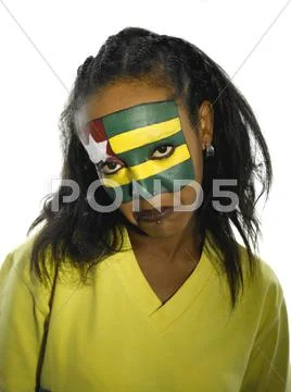 Woman with Togo flag painted on face, close-up, portrait Stock Photos