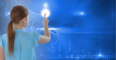 Woman touching binary digits 스톡 사진